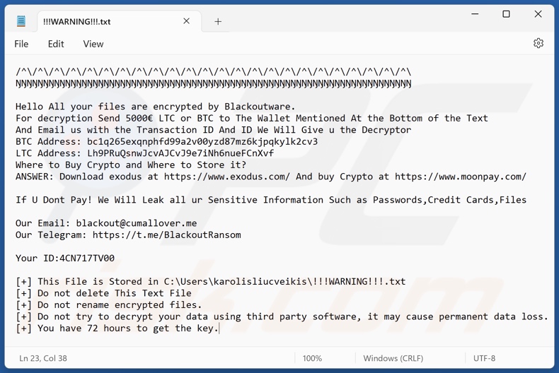Screenshot del file di testo del ransomware Blackoutware (