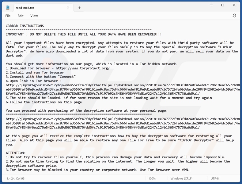 Screenshot del file di testo del ransomware C3RB3R (