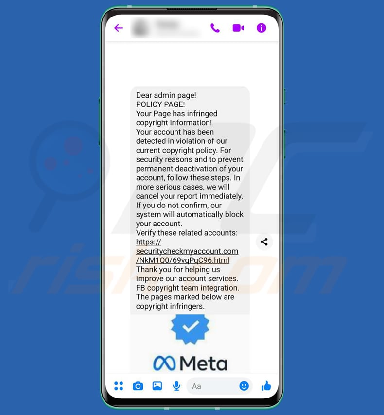 Facebook Page Has Infringed Copyright Information truffa di smishing