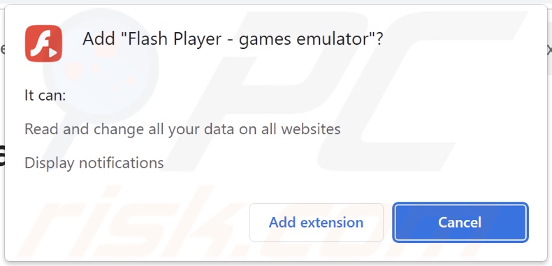 Screenshot dei permessi richiesti dall'adware Flash Player - Emulator