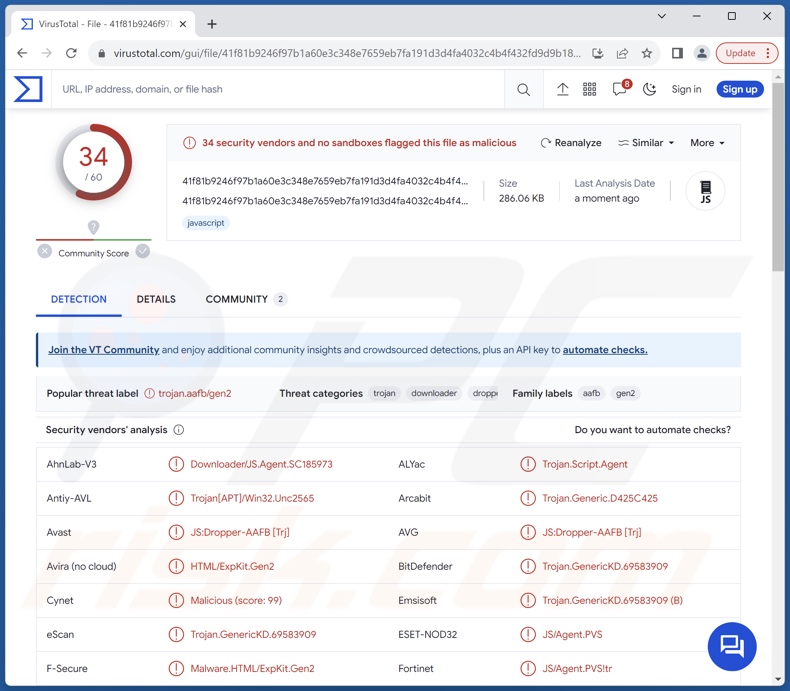 Rilevamenti di malware GootBot su VirusTotal