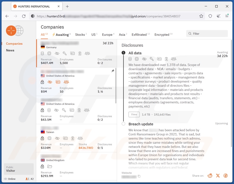 Screenshot del sito web di fuga di dati di Hunters International