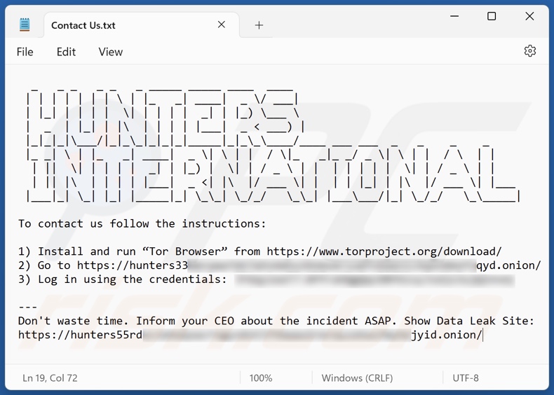 Screenshot del file di testo del ransomware Hunters International (