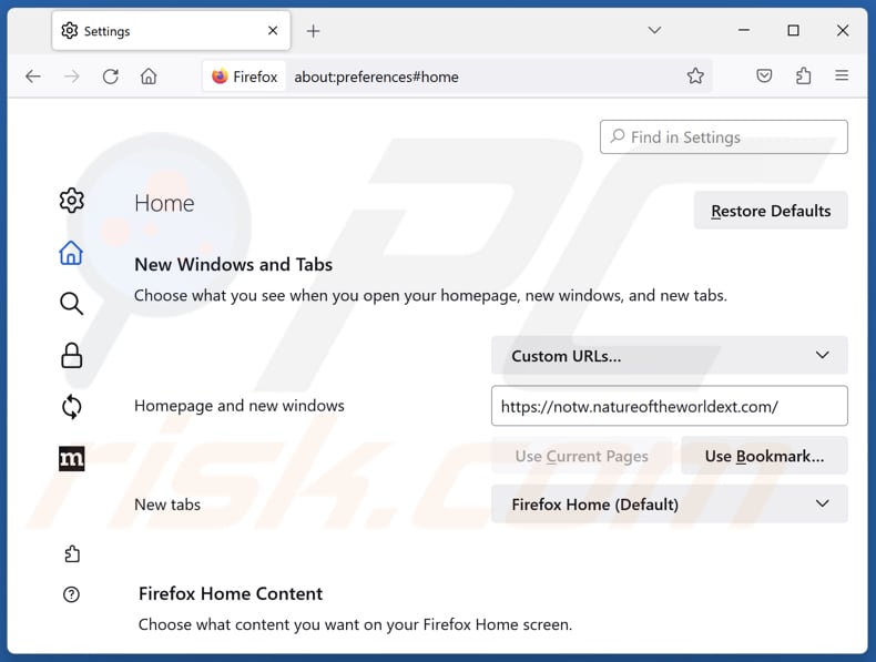 Rimozione notw.natureoftheworldext.com dalla home page di Mozilla Firefox