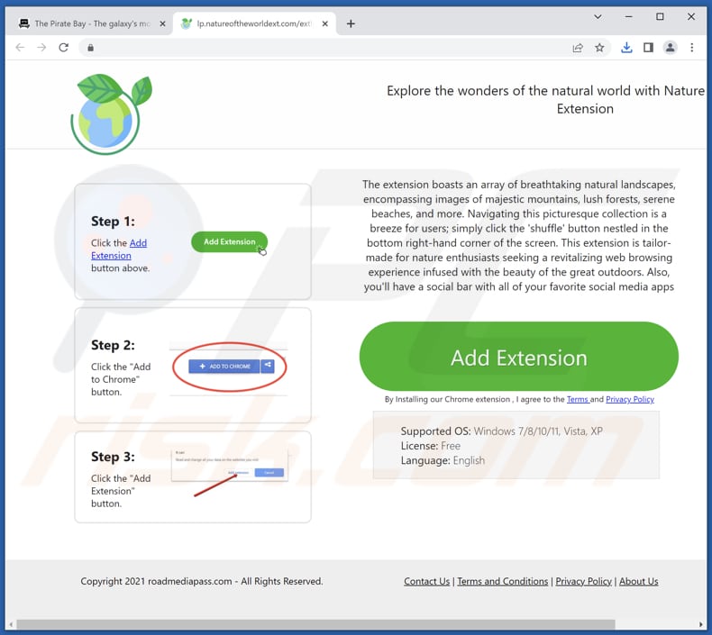 Sito web che promuove il dirottatore del browser Nature Of The World Extension
