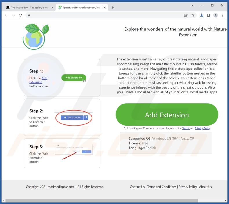 Sito web che promuove il dirottatore del browser Nature Of The World Extension