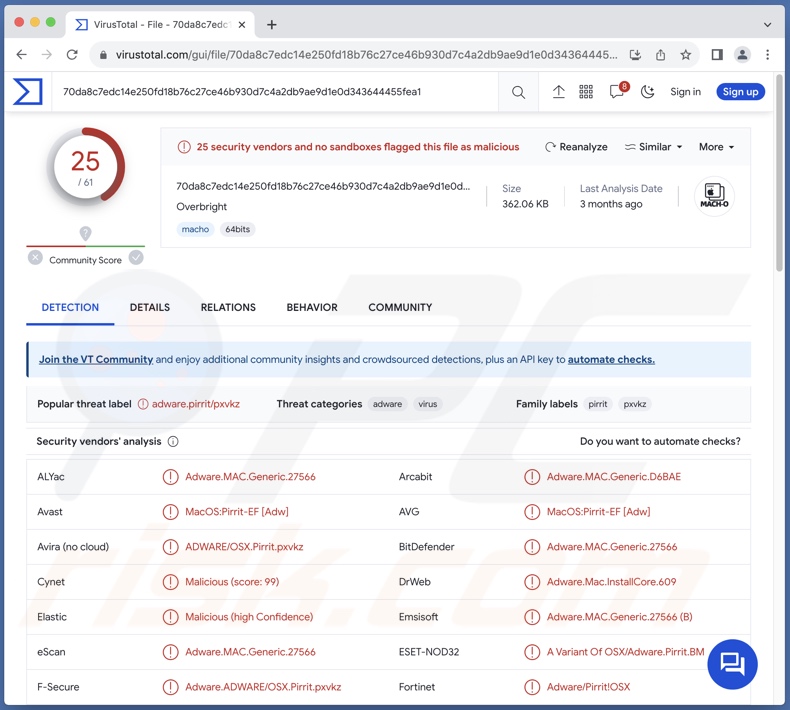 Rilevamenti di adware eccessivi su VirusTotal