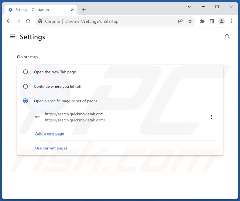 Rimozione di search.quickmovietab.com dalla home page di Google Chrome