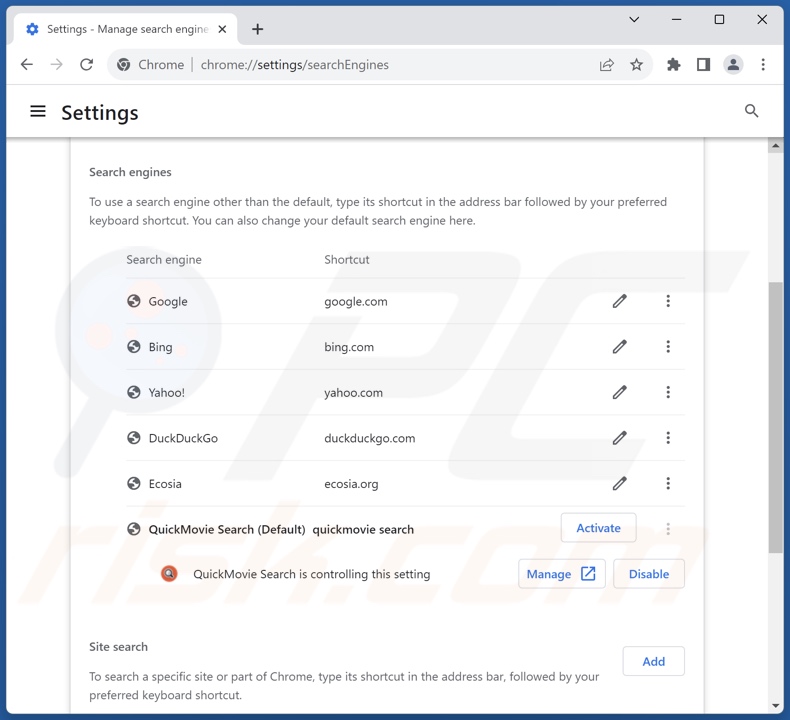 Rimozione di search.quickmovietab.com dal motore di ricerca predefinito di Google Chrome