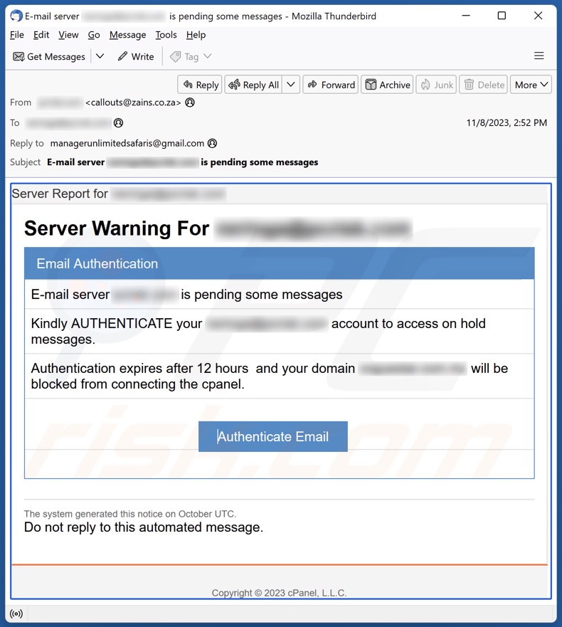 Campagna di spam via e-mail Server Warning