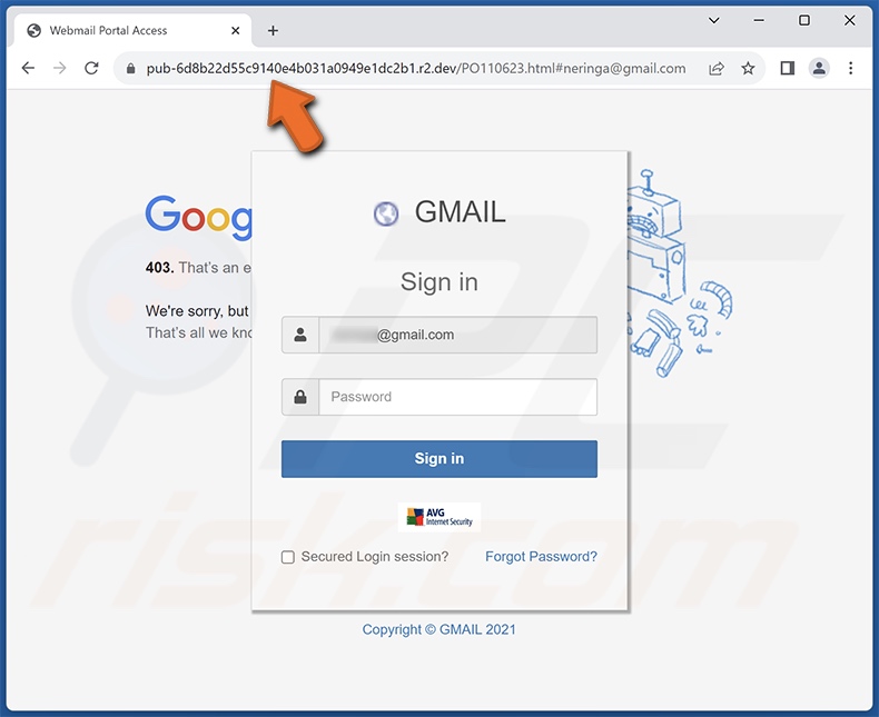 Screenshot del sito web di phishing promosso dalla campagna spam 