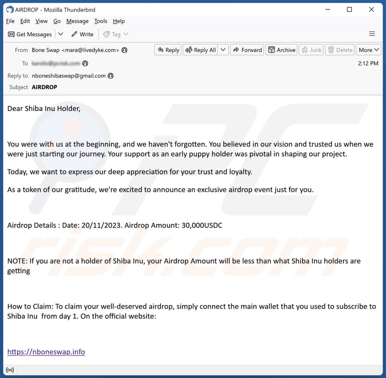 Screenshot dell'e-mail che promuove la truffa Shibarium