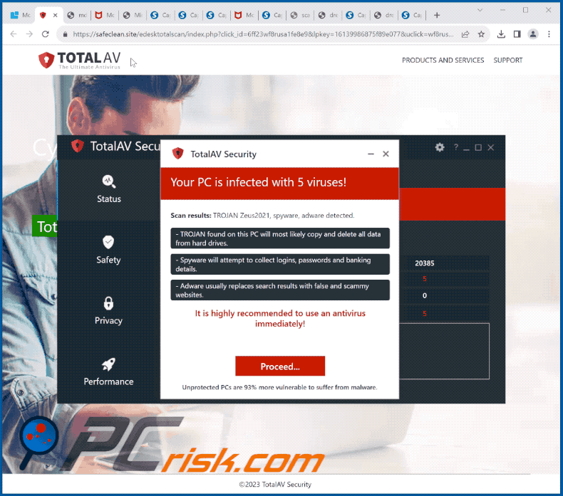 Comparsa della truffa TotalAV Security - Il tuo PC è infettato da 5 virus! (GIF)