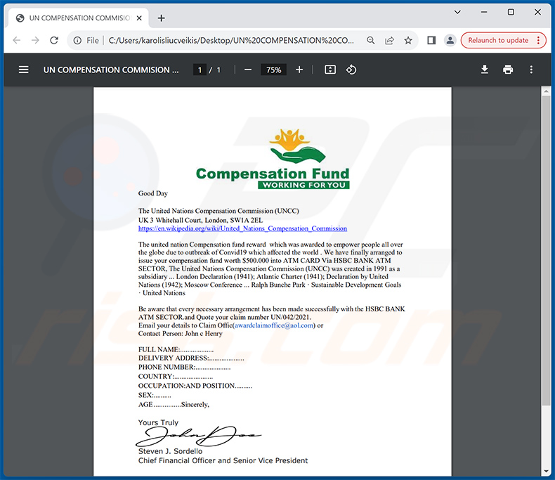 UNITED NATIONS COMPENSATION (COVID19 ASSISTED PROGRAM) Truffa via e-mail (2023-11-08)