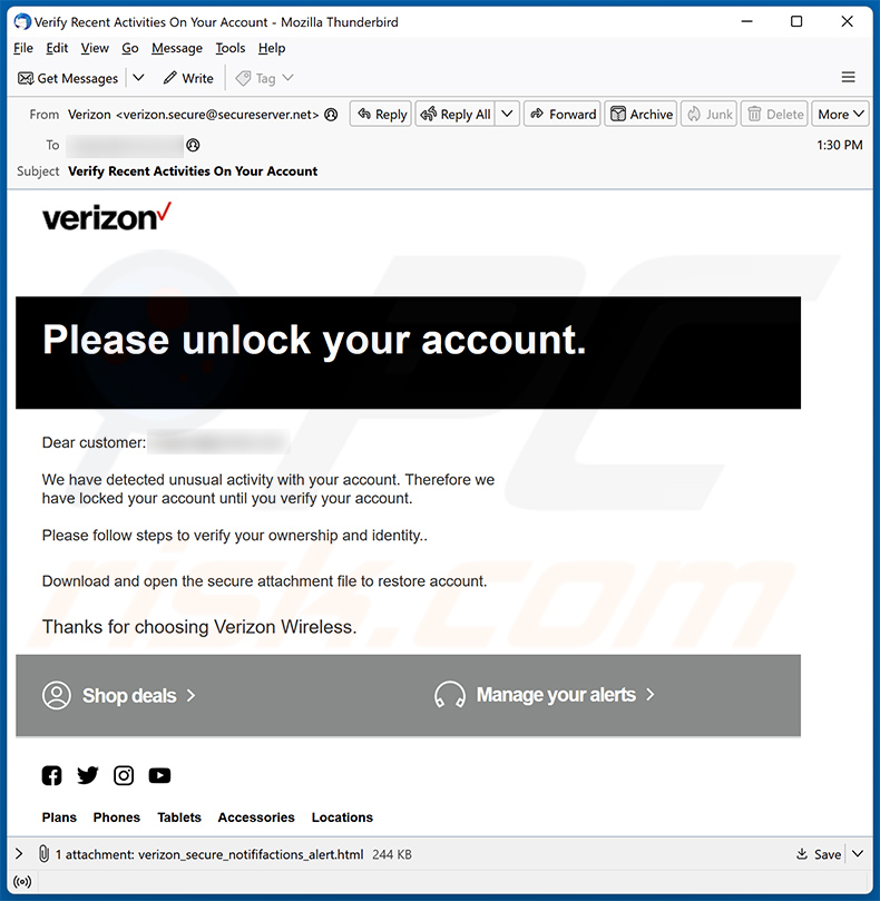 Screenshot di un'e-mail di spam a tema Verizon che diffonde un documento HTML dannoso progettato per phishing (2023-11-09)