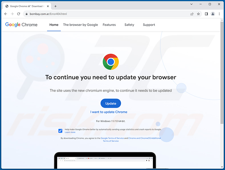 Screenshot di un falso sito Web di aggiornamento di Google Chrome (boombay[.]com.ar) che diffonde zgRAT