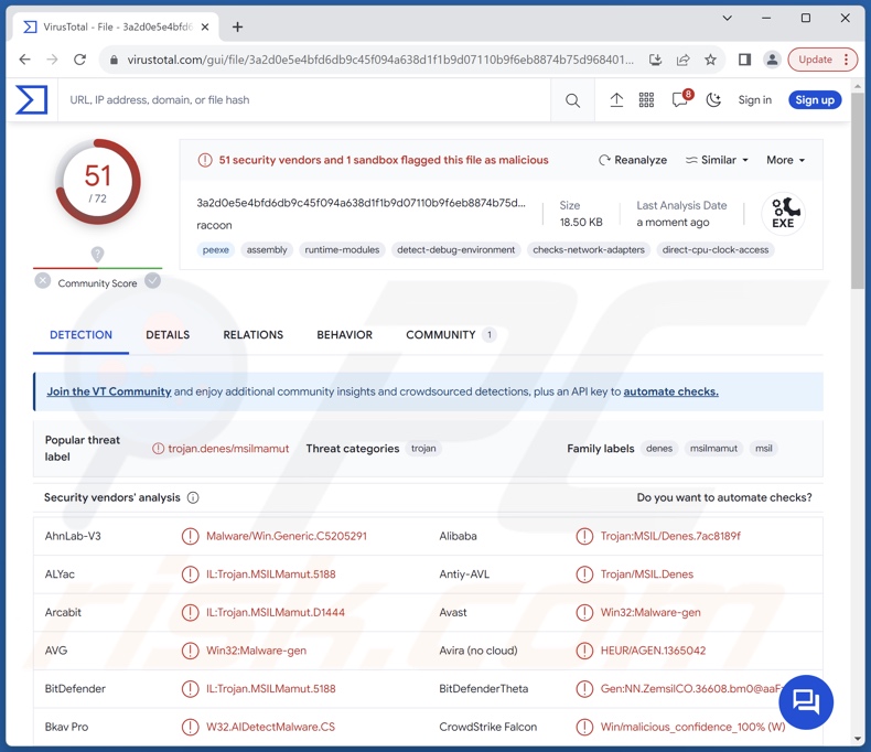 Rilevamenti di malware agent Racoon su VirusTotal