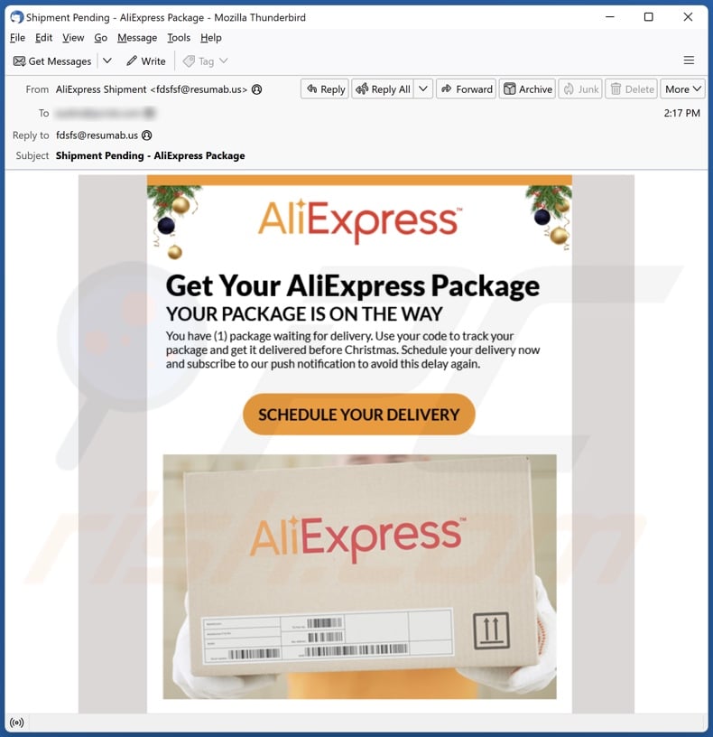 AliExpress Package campagna di spam tramite posta elettronica