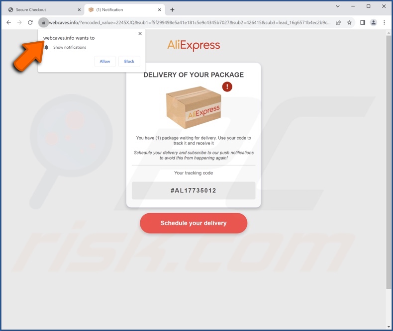 Screenshot del falso sito Web AliExpress promosso da questa email di spam (webcaves[.]info) 1