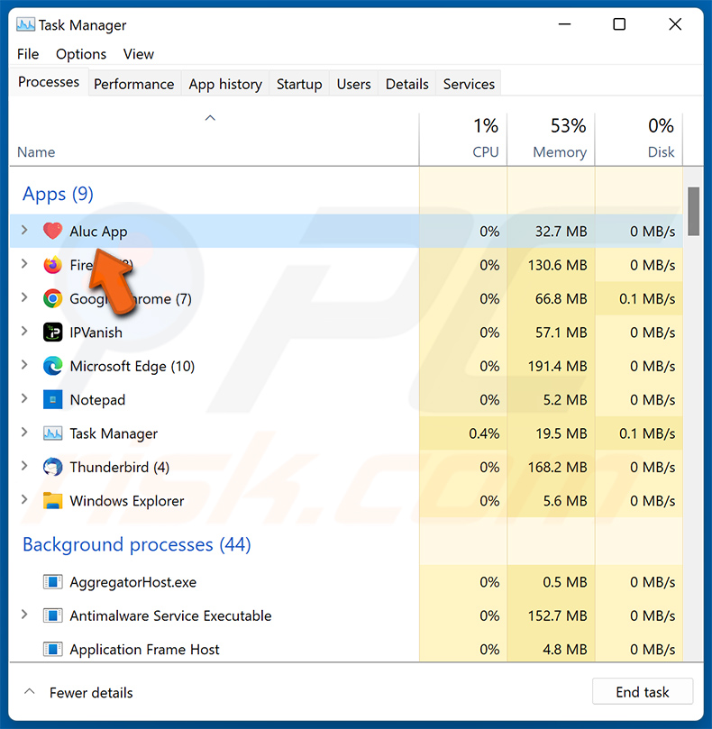 Altruistics in esecuzione nel Task Manager come 