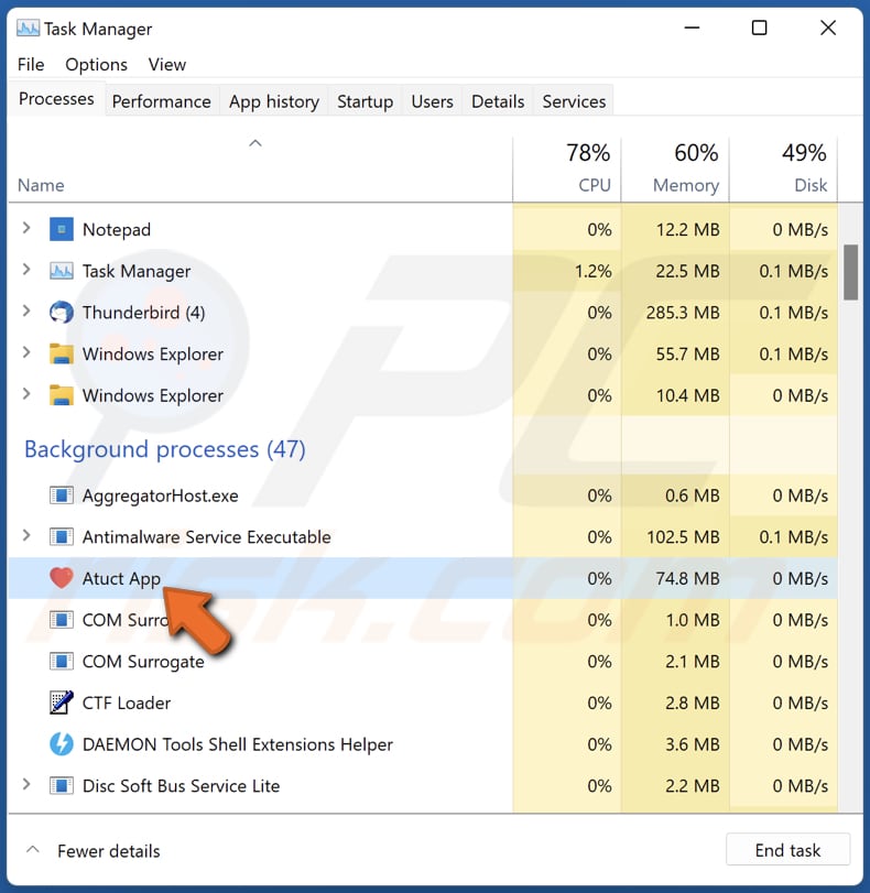 Altruistics in esecuzione nel Task Manager come 