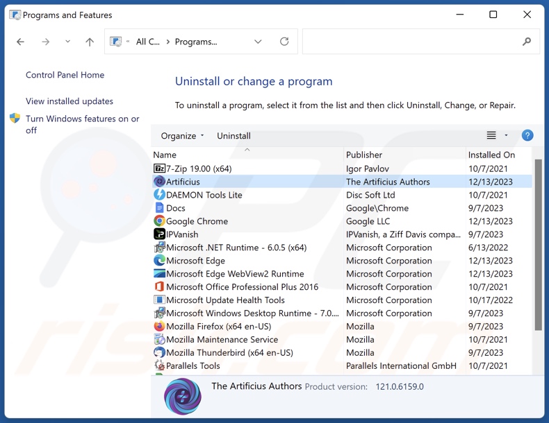 Disinstallazione del browser Artificius tramite il Pannello di controllo