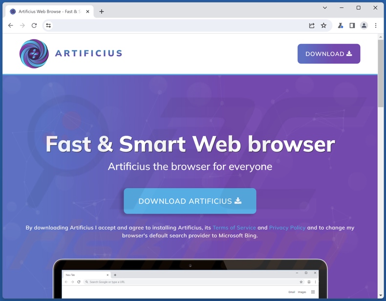 Sito web che promuove il browser Artificius