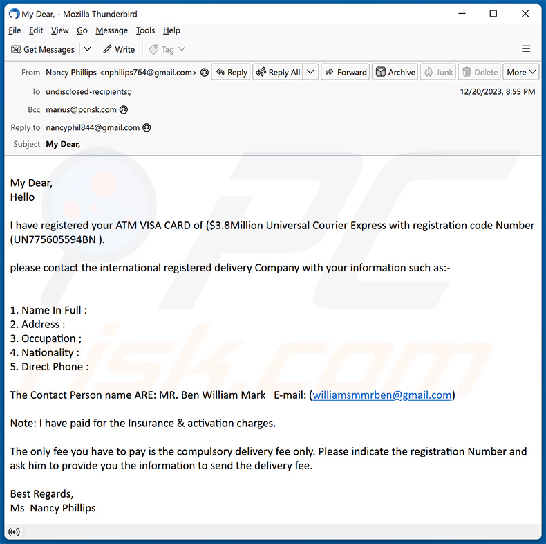 ATM Card truffa via e-mail (2023-12-21)