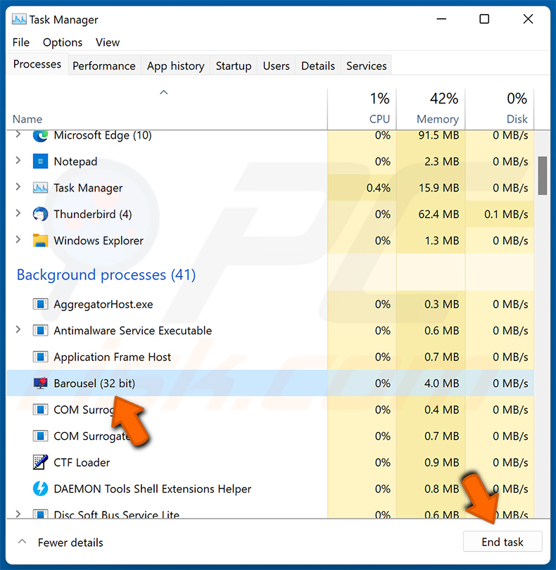 Termina Barousel utilizzando Task Manager