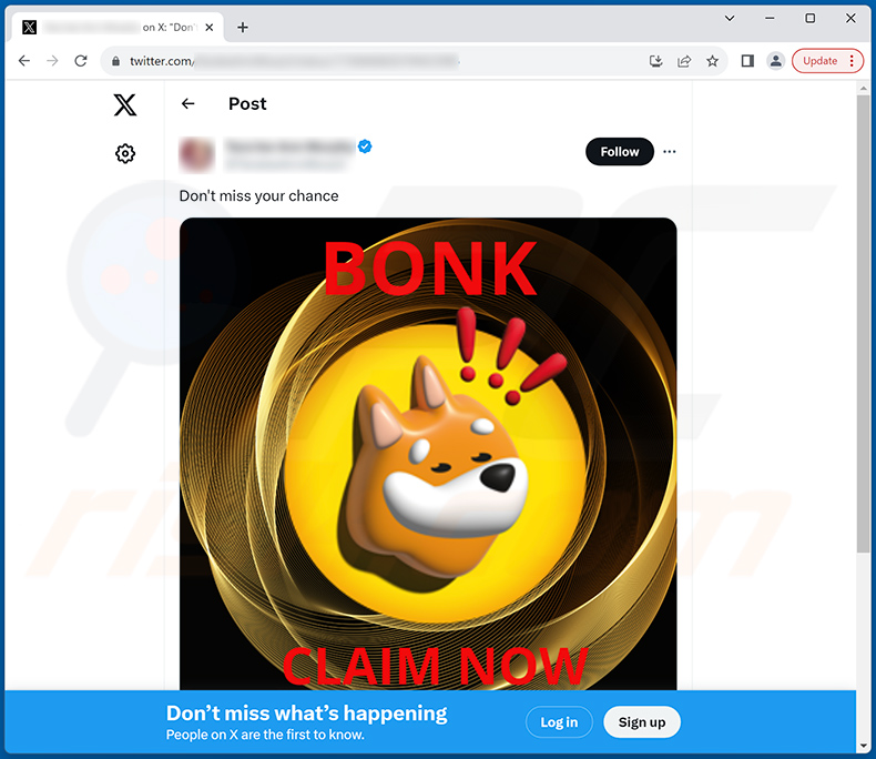 Screenshot di un post di Twitter (X) che promuove questa variante della truffa Bonk Coin Airdrop Giveaway