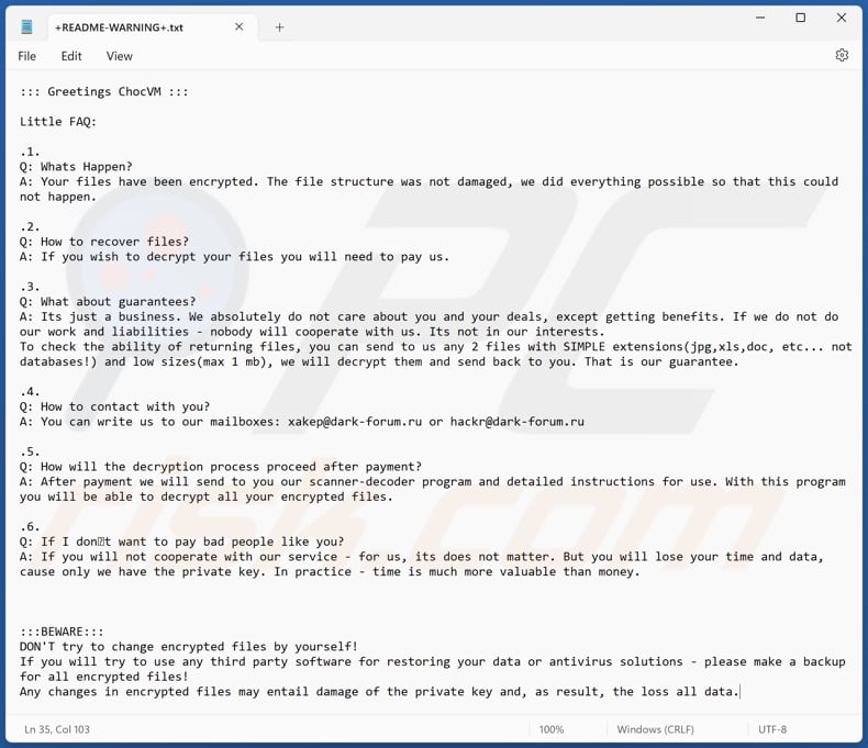 Screenshot del file di testo di ChocVM (