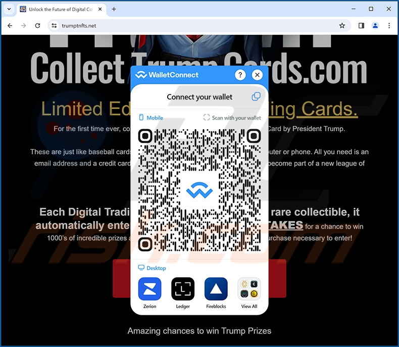 la truffa Collect Trump Cards chiede agli utenti di connettere i loro portafogli crittografici
