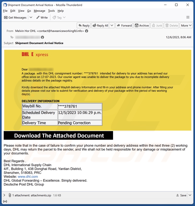 DHL Express - Incomplete Delivery Address campagna di spam email