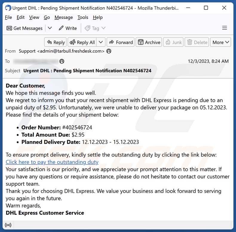 Campagna di spam via e-mail DHL Unpaid Duty