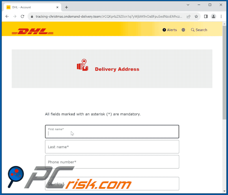Sito di phishing promosso tramite la truffa email DHL Unpaid Duty (GIF)