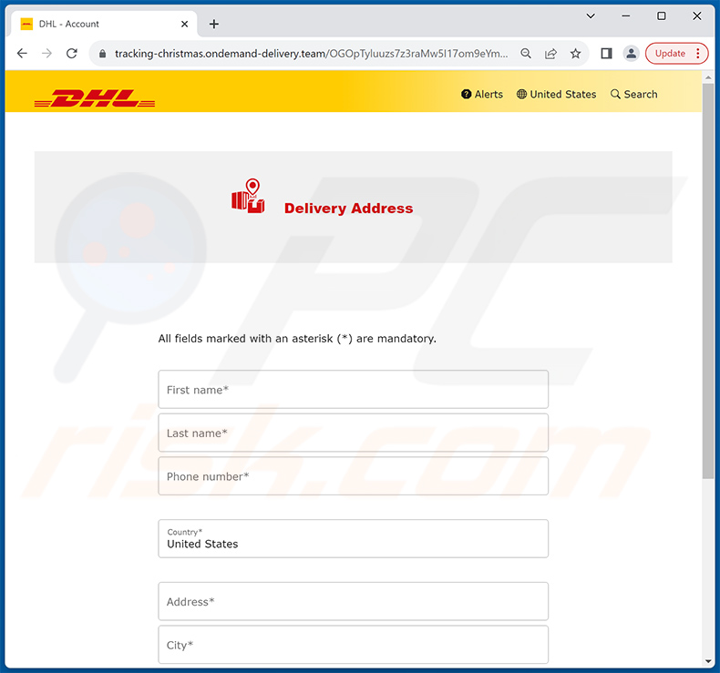 Sito di phishing promosso tramite truffa via email DHL Unpaid Duty (pagina 1)