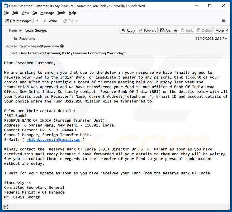 Fund Release truffa via e-mail (2023-12-11)