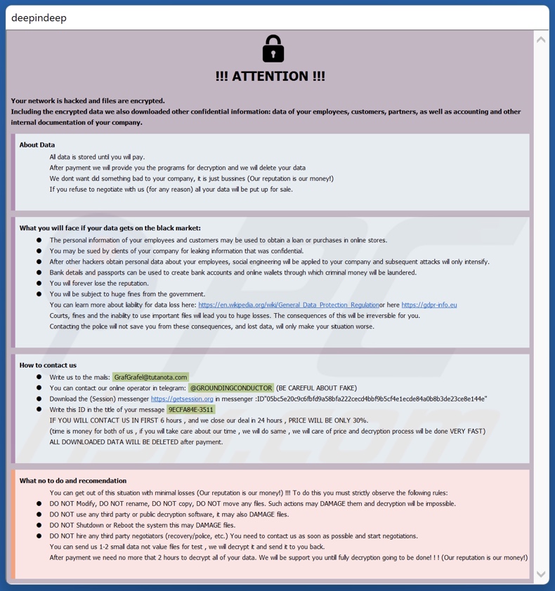 Nota di riscatto del ransomware GrafGrafel (info.hta)