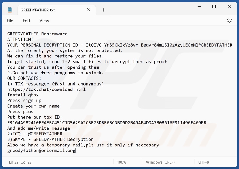 Schermata del file di testo del ransomware GREEDYFATHER (