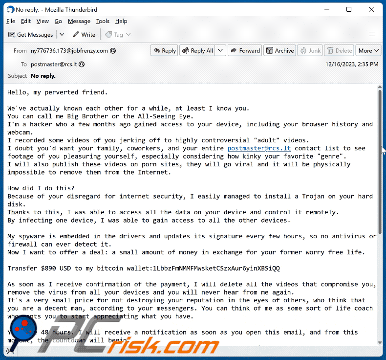 Aspetto completo dell'e-mail truffa 