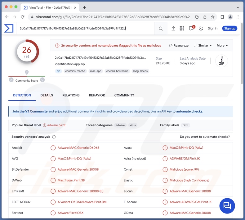 Rilevamenti di adware Identification.app su VirusTotal