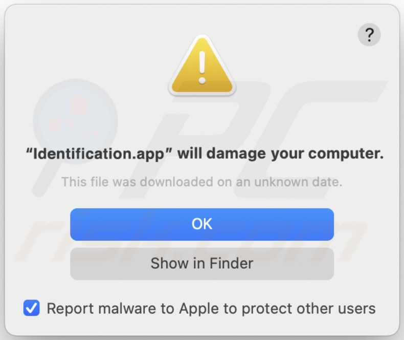 Finestra pop-up visualizzata quando l'adware Identification.app è presente nel sistema