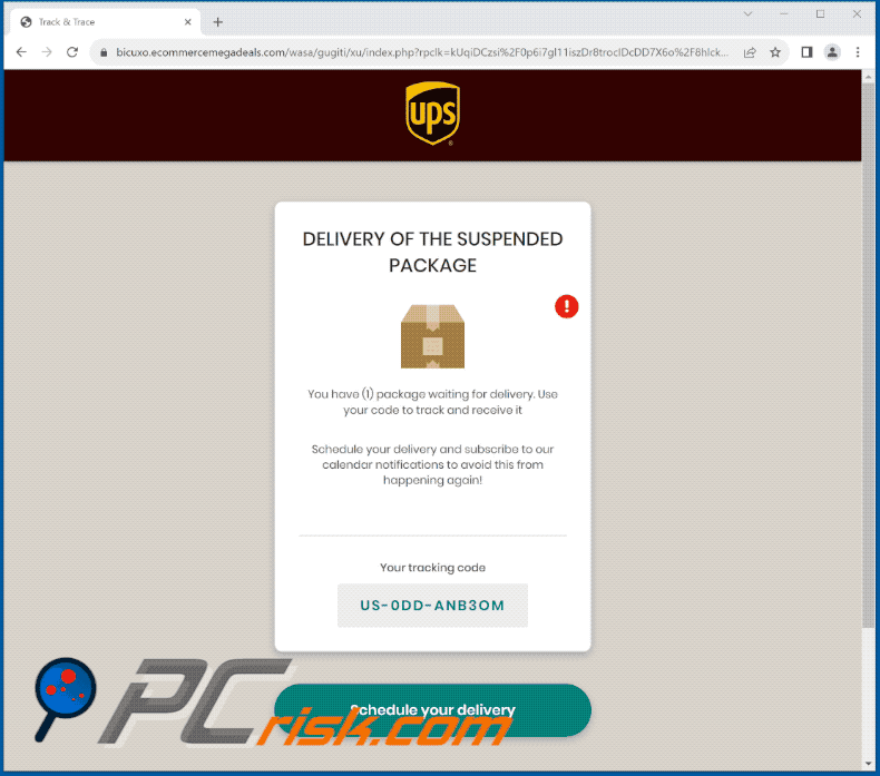 IPS Pending Package Delivery L'aspetto di una pagina falsa presentata in questa email e una pagina di phishing aperta attraverso di essa (GIF):