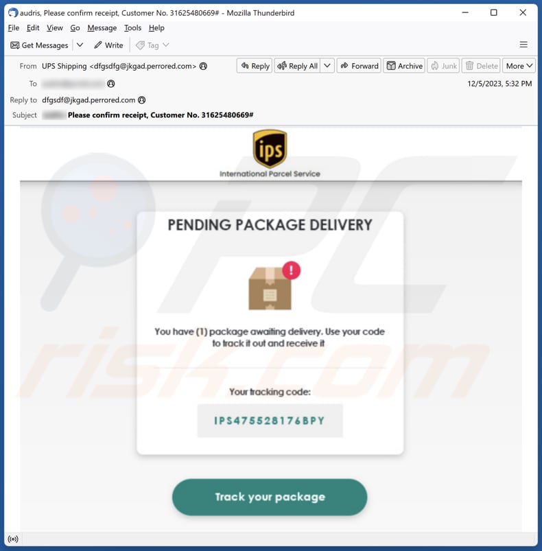 IPS Pending Package Delivery email di phishing