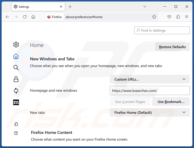 Rimozione di ksearches.com dalla home page di Mozilla Firefox