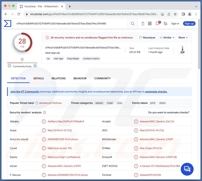 Rilevamenti di adware Laser.app su VirusTotal