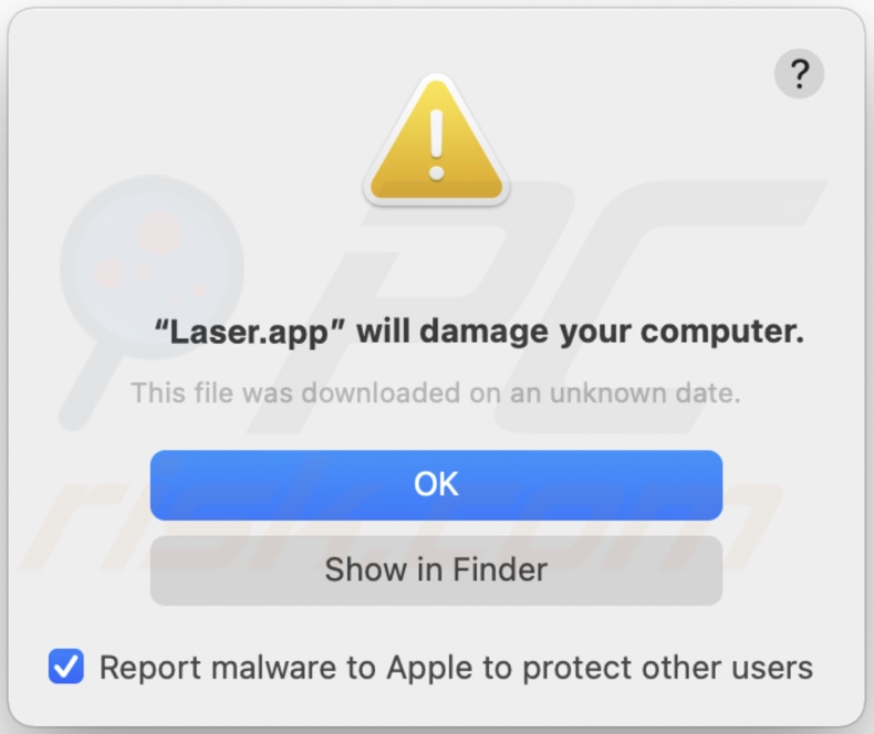 Finestra pop-up visualizzata quando l'adware Laser.app è presente nel sistema