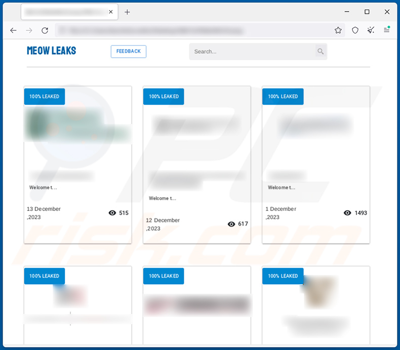 Screenshot del sito di fuga di dati del ransomware MEOW