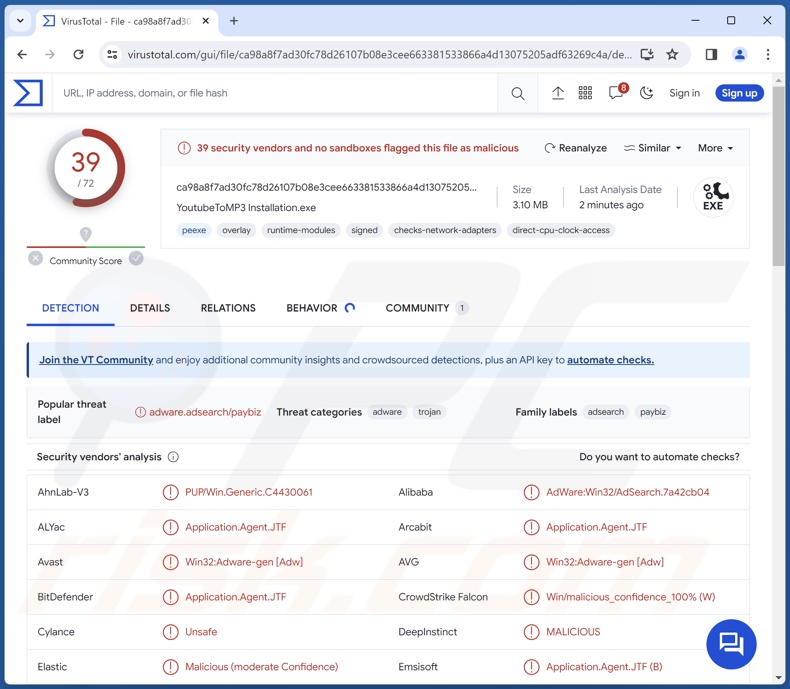 Rilevamenti PUA:Win32/Presenoker su VirusTotal