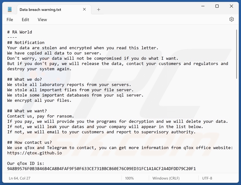 Screenshot del file di testo del ransomware RA World (